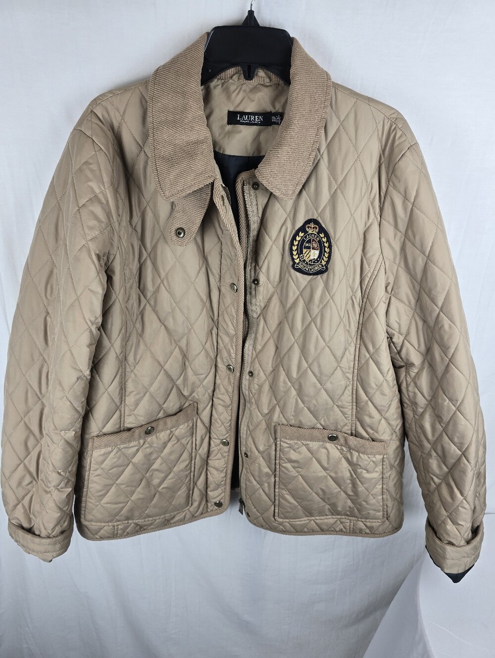 Lauren Ralph Lauren Quilted Tan Jacket w/Crest Patch & Corduroy Collar Sz XXL